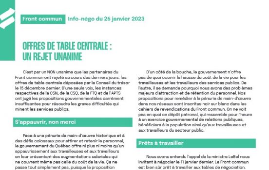 OFFRES DE TABLE CENTRALE : UN REJET UNANIME DU FRONT COMMUN