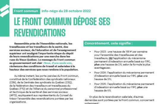 LE FRONT COMMUN DÉPOSE SES REVENDICATIONS